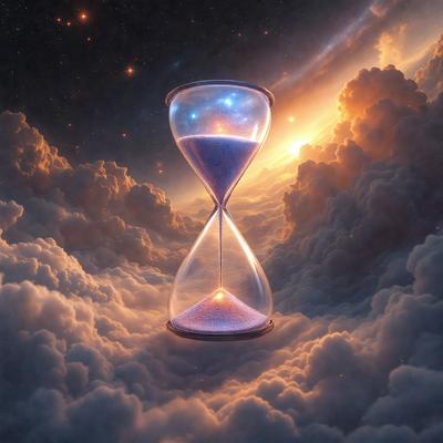 The primary subject of the image is a large, blue, glass-like clock with a white face. The clock is floating in a cloudy, blue sky, which serves as the setting for the scene. The visual style of the image is a combination of digital art and illustration, creating a surreal and dreamy atmosphere. The dominant colors in the image are blue and white, with the blue clock and the blue sky creating a sense of calmness and tranquility.